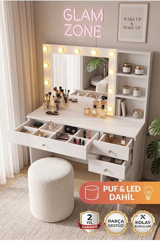 Robin Home Hollywood Makyaj Masası Ve Puf 3 Çekmece Kapaklı Düzenleyici Raflı Hollywood Led Işıklı Puf Dahil Beyaz