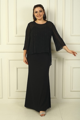 İçi İp Askılı Astarlı Uzun Sandy Elbise Arkası Düğmeli Boncuklu Şifon Bluz Büyük Beden 2'li Takım Siyah