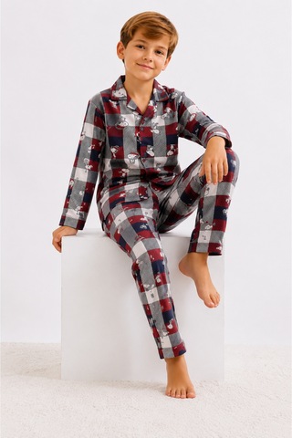Free Beka Erkek Çocuk Önden Düğmeli Kareli Ve Karakter Desenli Uzun Kollu Pijama Takımı Kırmızı