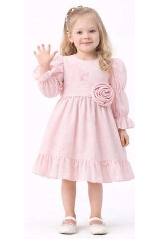 Kız Çocuk Çiçek Detaylı Balon Kol Model Etek Kısmı Fırfırlı Uzun Kol Midi Boy Pembe Renk Elbise Pembe