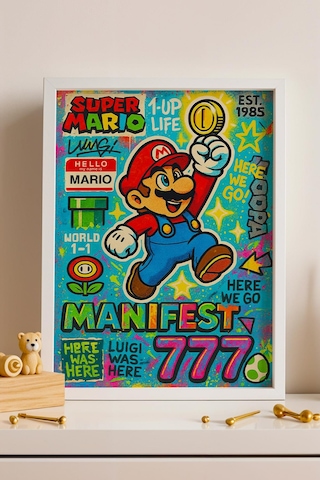Super Mario Çerçeveli Tablo Manifest 777 Gamer Arkadaşa Hediye Street Art