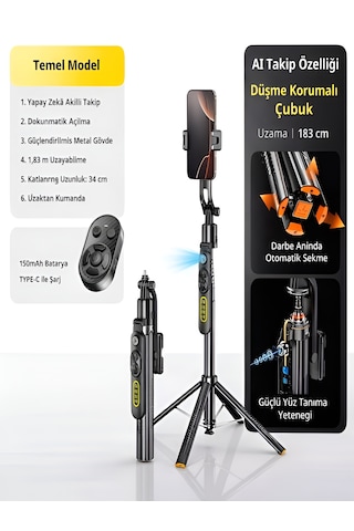 1500 Mah Led Işıklı 183 Cm Ai Takip Özellikli Gimbal Tripod Selfie Çubuğu Bluetooth Kumandalı