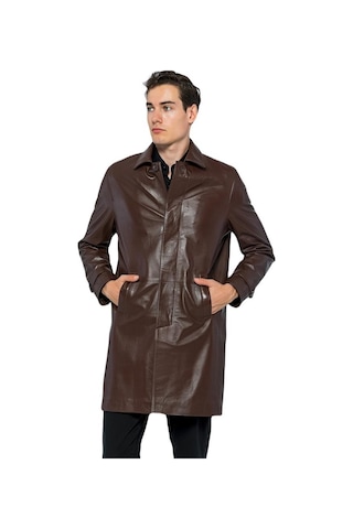 Basics&more Erkek Hakiki Deri Uzun Ceket - French 001