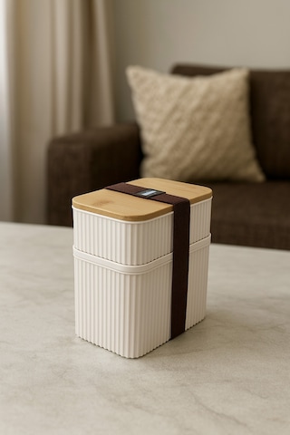 Makri Home 2 Parça Bambu Kapaklı Saklama Kabı Seti - 1l + 0,5l Üst Üste Koyulabilir Krem