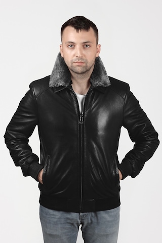 Derije Kelvin Hakiki Jumbo Deri Erkek Siyah Seyyar Kürk Yaka Mont Siyah