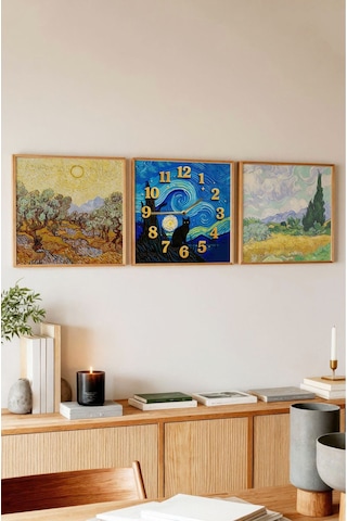 Van Gogh Esintili 3'lü Tablo Seti Kedi Saatli Ahşap Çerçeveli Mdf Tasarım Renkli