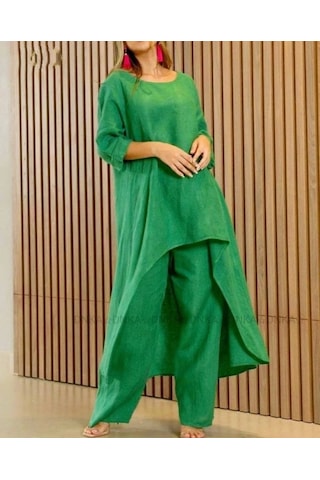 Kadın Uzun Kollu Kayık Yaka Detay Tunik Ve Pantolon Ikili Takım Yeşil