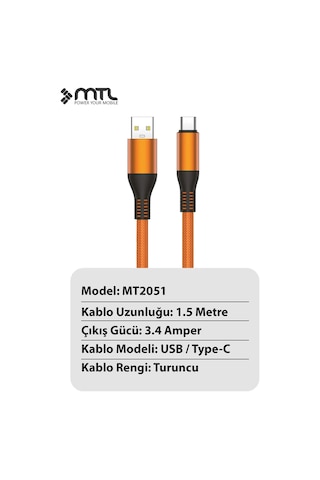 3.4a Usb To Type-c Örgülü Metal Başlıklı Hızlı Şarj Ve Data Kablosu 1.5 Metre Mt2051