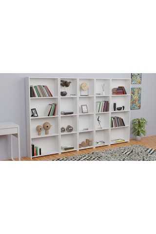5 Raflı Kitaplık Seti 3 Dar 2 Geniş Raf Kütüphane 170 Cm Beyaz