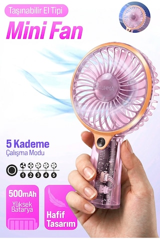Auhma Aufn04 Taşınabilir Mini El Fanı Pembe Şarjlı, Sessiz, 500mah Type-c Kablosuz Mini Fan