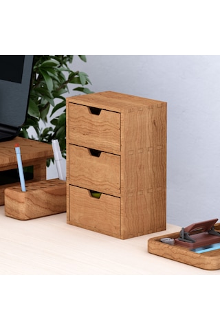 Desna Üç Katlı Üç Çekmeceli Mini Dolap - Kiraz 34 Cm Uzunluk X 12.1 Cm Derinlik X 27.2 Cm Woodsaka Doğal Ahşap