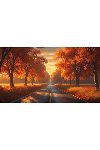 Doğa Ve Manzara Yatay Sonbahar Ağaçlarının Arasında Ufka Doğru Uzanan Yalnız Yol 05 Çerçevesiz 90x60cm Pvc Tablo