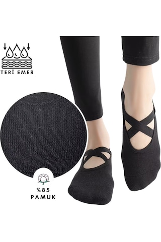 Trendcorap Premium Kadın Kaydırmaz Silikon Baskı Tabanlı Pilates Yoga Fitness Bale Dans Aktivite Çorabı 9'lu Siyah