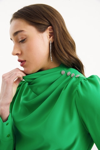 Sateen Düğmeleri Taş Detaylı Bluz - Yeşil