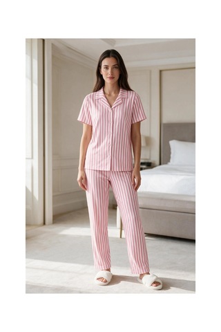 Angbutik Kadın Pembe Beyaz Çizgili Kısa Kollu Düğmeli Milan Kumaş Pijama Takımı