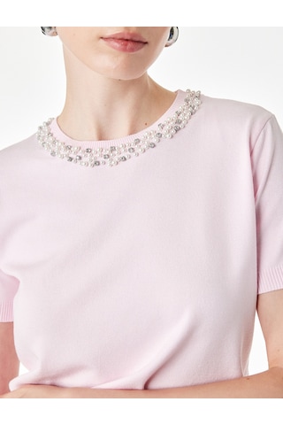 Koton Regular Fit Boncuklu Bisiklet Yaka Kısa Kollu Viskon Triko Kazak Pembe 7wak90135ht Gülkurusu