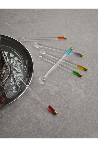 6'lı Cam Çay Kaşığı Renkli Gold Detaylı Sunumluk Kaşık Renkli