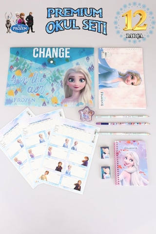 Dekomus Lisanslı Elsa Frozen 12 Parça Kırtasiye Seti Çıtçıt Dosya,okul Etiketi,silgili Kurşun Kalem,kalemtraş,bloknot,resim Defteri Altın