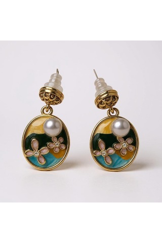 Çiçek Motifli İncili Küpe Çok Renkli