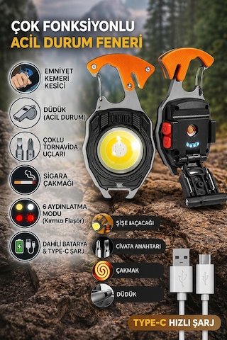 Robocop El Feneri Kamp Feneri Fonksiyonlu Usb Şarjlı Çakmaklı Kesicili Düdüklü Tornavidalı Turuncu