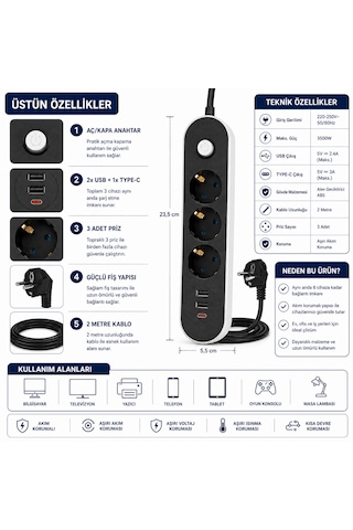 Sh-4628 3 Lü Akım Korumalı Priz 2 Usb + 1 Type-c Çıkışlı 2 Metre Kablolu Anahtarlı Topraklı Çoklu Grup Priz 2 M