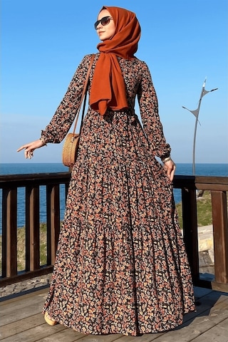 Güzide Yaprak Desenli Elbise Turuncu