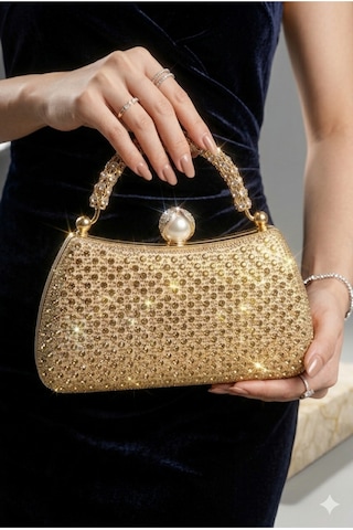 Famels Damla Taş Desen Zirkon Taşlı İncili Abiye Çanta Kol/el Çantası İnci Taşlı Abiye Şık Çanta Gold
