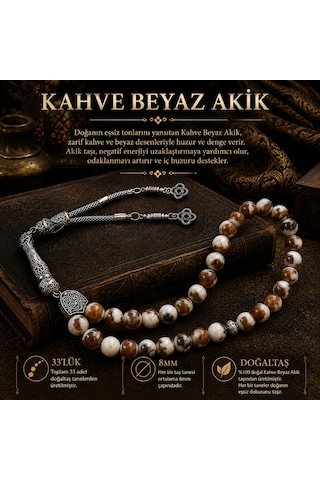 Doğal Taş Kahve Beyaz Akik Tesbih - 33'lü 8mm İşlemeli Gümüş Püsküllü Erkek Tesbih Kahverengi - Beyaz