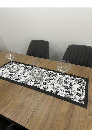 Toile De Jouy Monet Runner 40x110 Cm %100 Pamuk Dijital Baskılı Masa Örtüsü Country Tarzı Fransız Desen Masa Dekoru - Zt710 Siyah
