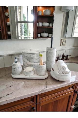 Mermer Desen Tam Beton Banyo Seti Tuvalet Wc Sıvı Sabunluk Diş Fırçalığı Aksesuar Takım Gri
