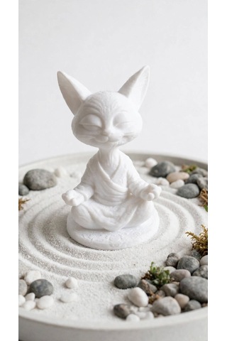 Zen Cat Meditasyon Kedi Figürü - El Yapımı - 3d Baskı - Taş Tozu Görünümlü - Hediyelik - Beyaz