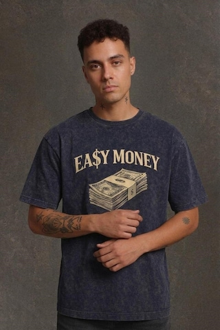 Technomonkey Lacivert Yıkamalı Retro Erkek Easy Money Baskılı Tişört