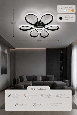 Niva Led Plafonyer Avize 3 Renk Kumandalı Siyah