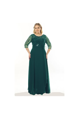 Ladies First Büyük Beden 3855 Zümrüt Uzun Abiye Elbise 001