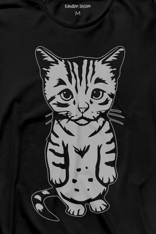 Sevimli Minik Patili Bıyıklı Cat Minnoş Mahçup Üzgün Kedi Uzun Kollu Tişört Baskılı T-shirt 001