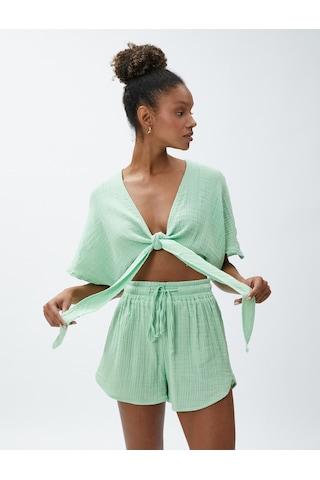 Koton Crop Yoga Tişört Müslin Kimono Görünümlü Bağlama Detaylı Yeşil 3sak10004nw 3SAK10004NW790 Yeşil