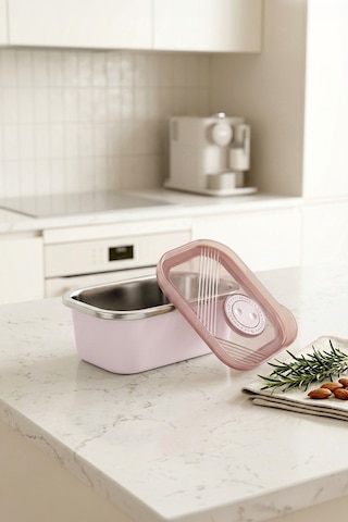 Stainless Paslanmaz Çelik Vakumlu Saklama Kabı,fırın Ve Kek Kabı Kahvaltılık 300 Ml Pembe
