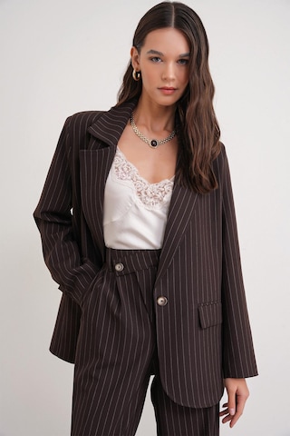 4753 Kadın Çizgili Oversize Blazer Ceket Kahve Kahve