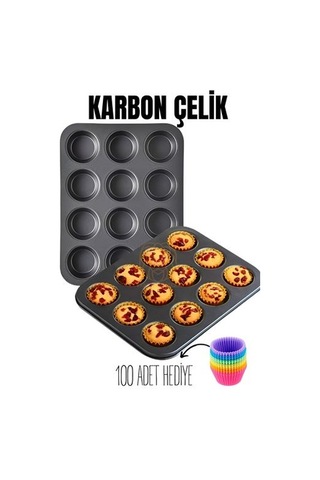 12 Li Muffin Kalıbı Teflon Çelik 100 Muffin Kağıtlı 719516 Çok Renkli
