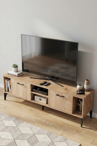 Tv Sehpası 160 Cm Modern Çok Amaçlı Dolaplı Raflı Televizyon Ünitesi Linya Sepet Rengi