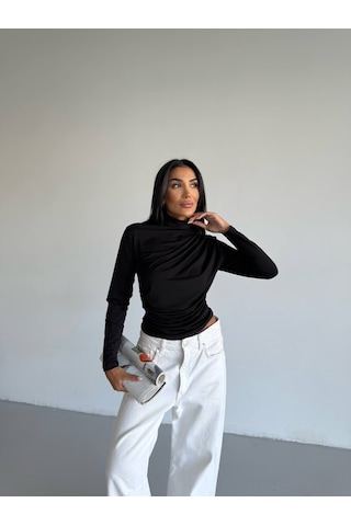 Trendhazan Boğazlı Sandy Kumaş Drapeli Bluz Siyah Siyah