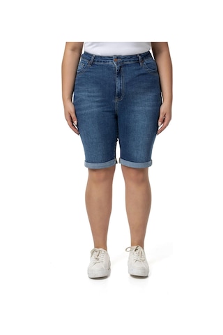 Büyük Beden Paçası Katlamalı Beş Cepli Denim Mavi Şort-mavi Mavi