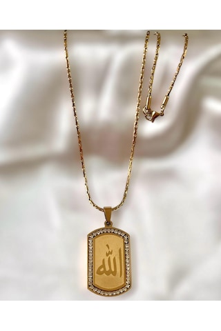 Gns Aksesuar Zirkon Taşlı Allah Yazılı Gold Renk Çelik Kolye