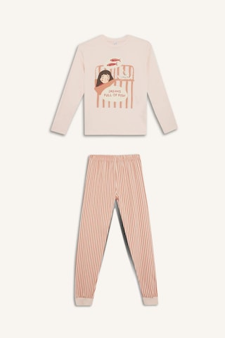 Defacto Kız Çocuk Pijama Takımı Baskılı Uzun Kollu Üst Çizgili Uzun Alt F6233a825wnpn70 Pembe