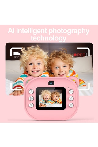 Kangvka Y600 Çocuklar İçin Anında Baskı Yapan 1080p Çift Kameralı Pembe Fotoğraf Makinesi