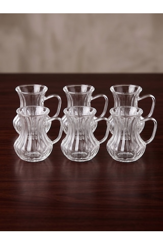 Lüks Detaylı Kulplu Cam Çay Bardağı Seti 6 Kişilik 150 Ml Beyaz