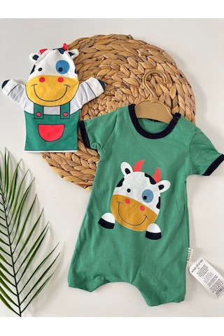 İnek Animal Baskılı Soğuk Yeşil Bebek Tulum Kukla Hediyeli Yeşil