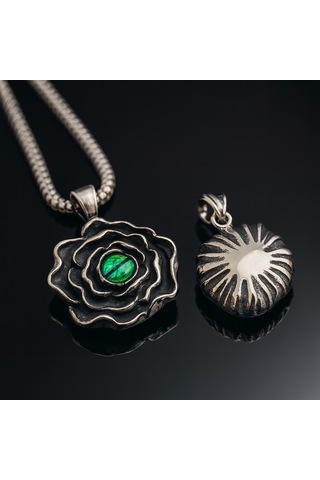 Yeşil Taşlı Paslanmaz Çelik Unisex Takı Antik Gümüş Gotik Gül Kolye Yeşil