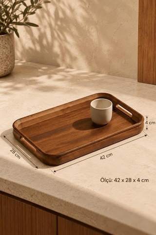 Akasya Kulplu Servis Tepsisi 42x28x4 Cm - Büyük Boy Dikdörtgen Kahvaltı Ve Kahve Sunum Tepsisi