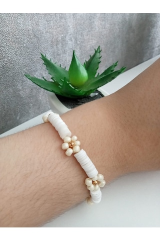 Nle Accessory Çiçekli Fimo Boncuklu Bileklik Beyaz